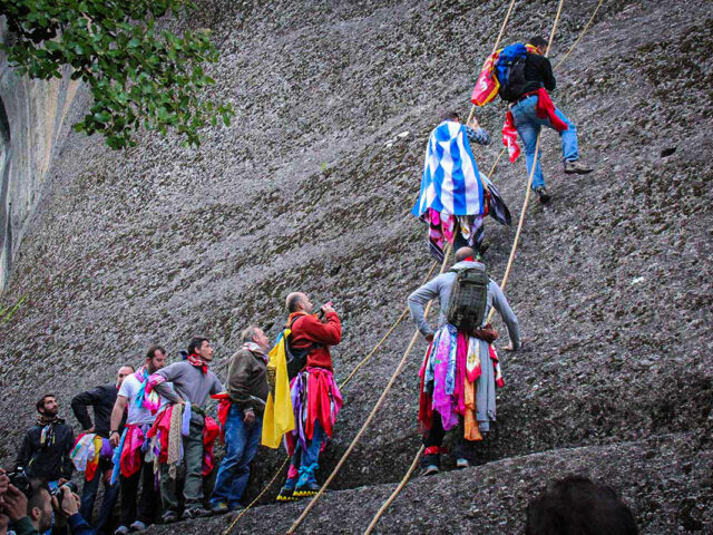 Climbers with scarves on the feast of Saint George.