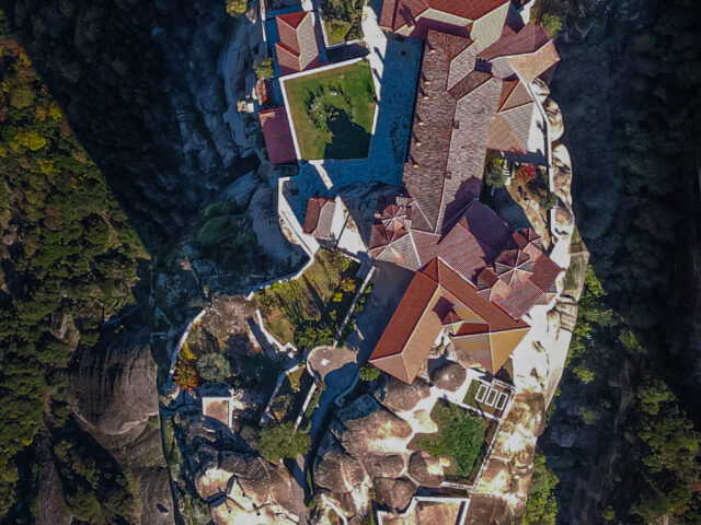 Vertical view of the building complex  of the Holy Trinity Monastery at the  top of the rock